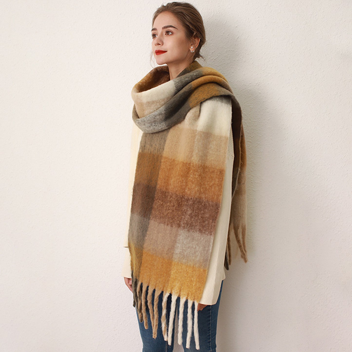 Autumn Winter Mohair Scarf Women Warm Scarf Thickened Cashmere Plaid Scarf One Size Yellow Brown Grid