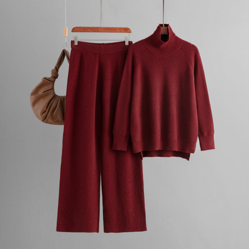 Autumn Winter Solid Color Knitted Wide Leg Pants Turtleneck Sweater Slit Two Piece Set One Size Red