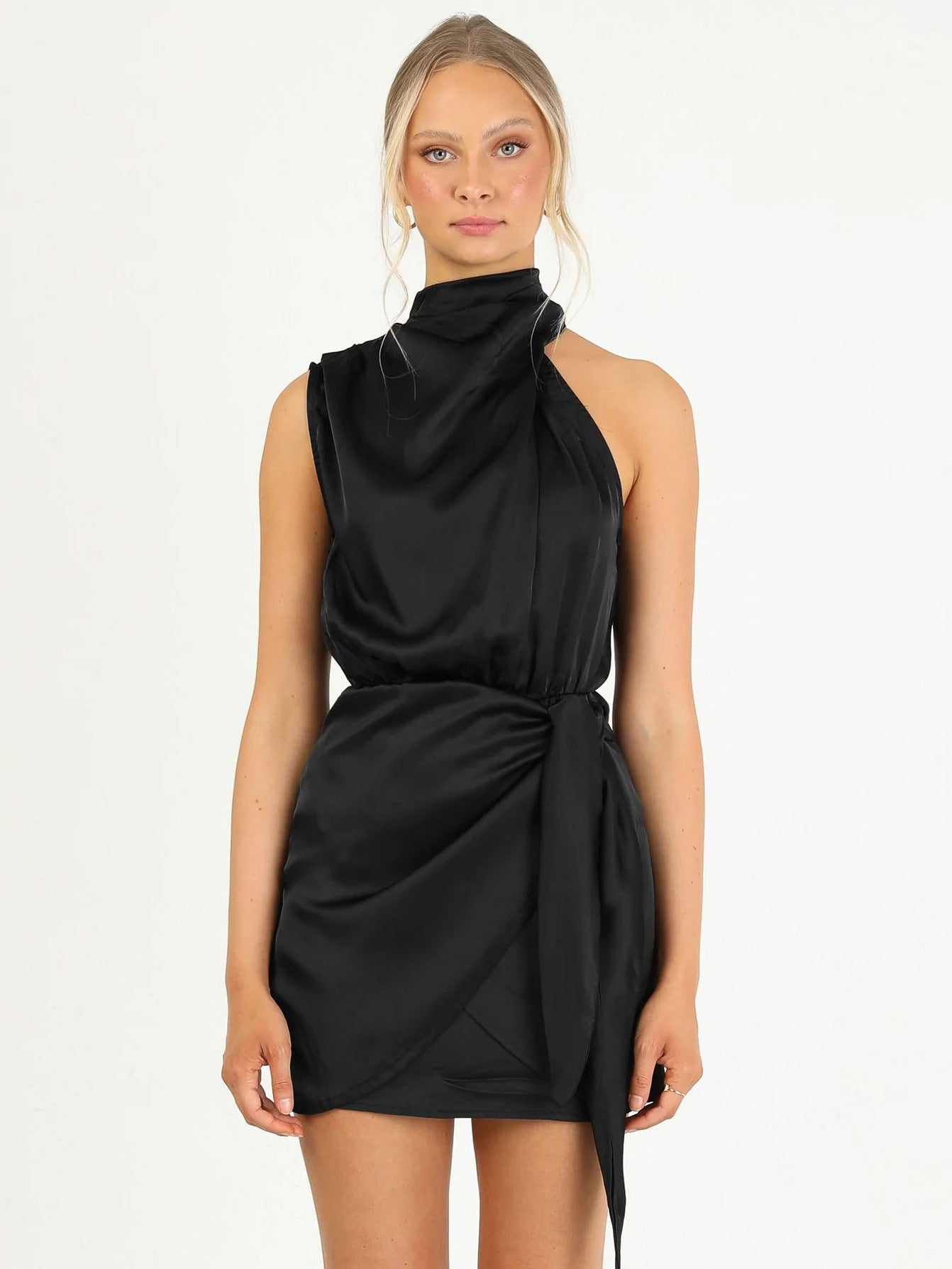 Halter High Grade Satin Tied Slim Fit Socialite Dress Black