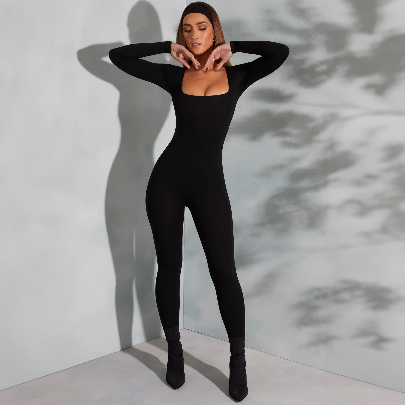 Women's Clothing Summer Solid Color Long Sleeve Belly Waist Shaping Hip Lift Square Collar Jumpsuit