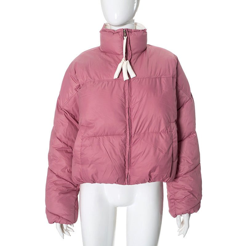 Women Clothing Winter Stand Collar Zipped Cotton Padded Jacket Top Pink