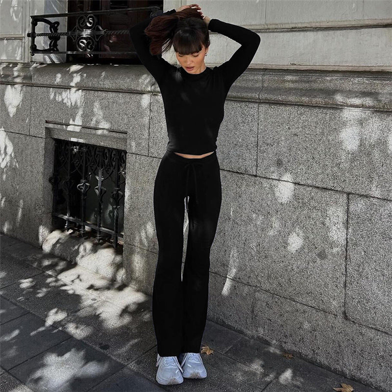 Autumn Winter round Neck Short Long Sleeve Top High Waist Bootcut Pants Casual Two Piece Sets Women Black