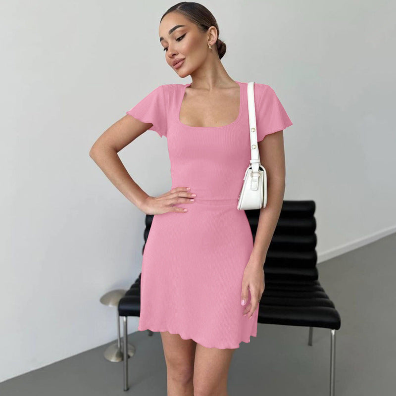 Women Clothing Summer Street Shooting Solid Color Slim Wave Edge Short Sleeve Dress