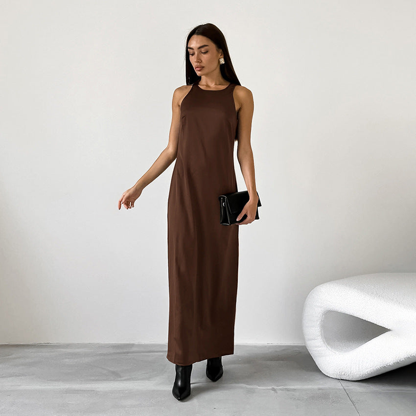 Summer Retro Classic Matte Satin Slim round Neck Sleeveless Straight Casual Dress Women