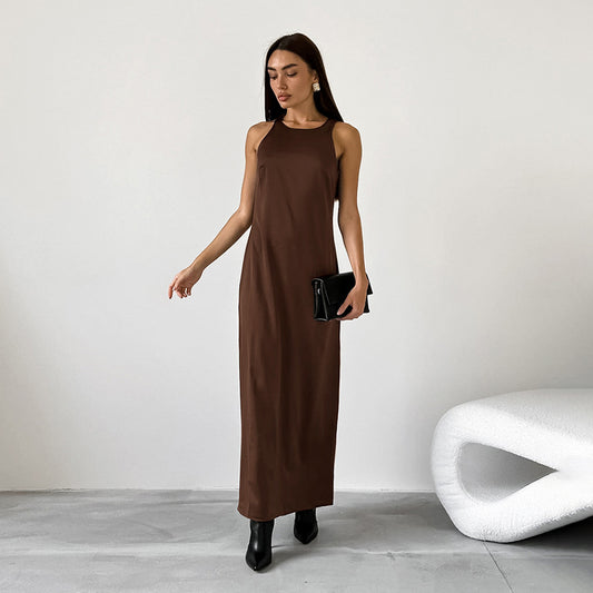 Summer Retro Classic Matte Satin Slim round Neck Sleeveless Straight Casual Dress Women