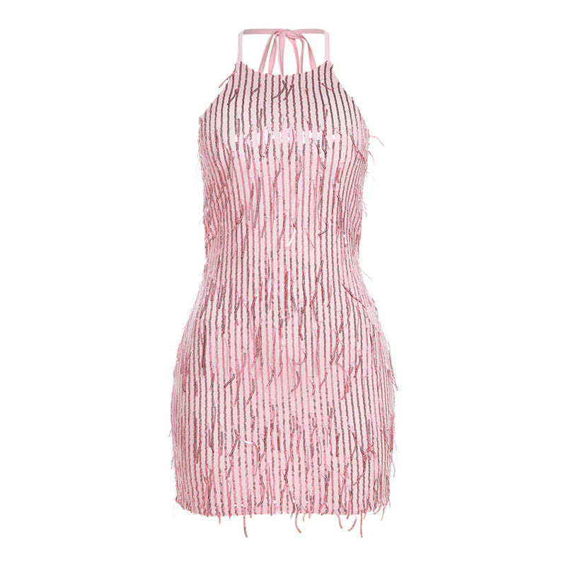 Spring Summer Women Clothing Halter Sexy Backless Sequined Tassel Dress for Women L Pink