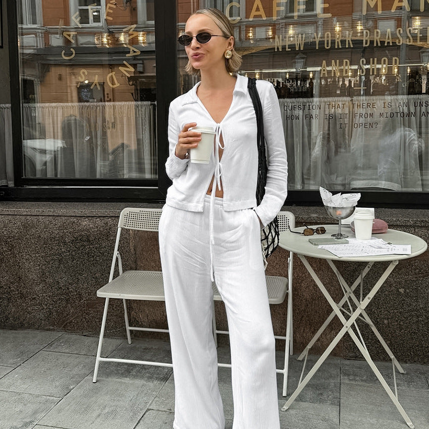 Autumn White Cardigan Lace up Ladies Homewear Long Sleeved Trousers Pajamas Two Piece Set White