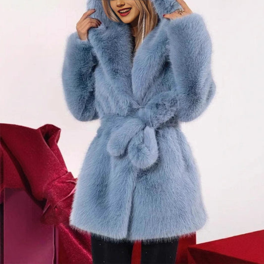 Autumn Winter Elegant Hooded Strap Faux Fur Coat