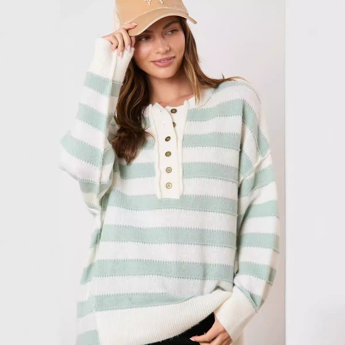 Autumn Winter Color Matching Loose Casual Knitted Sweater Long Sleeve Striped Top Women