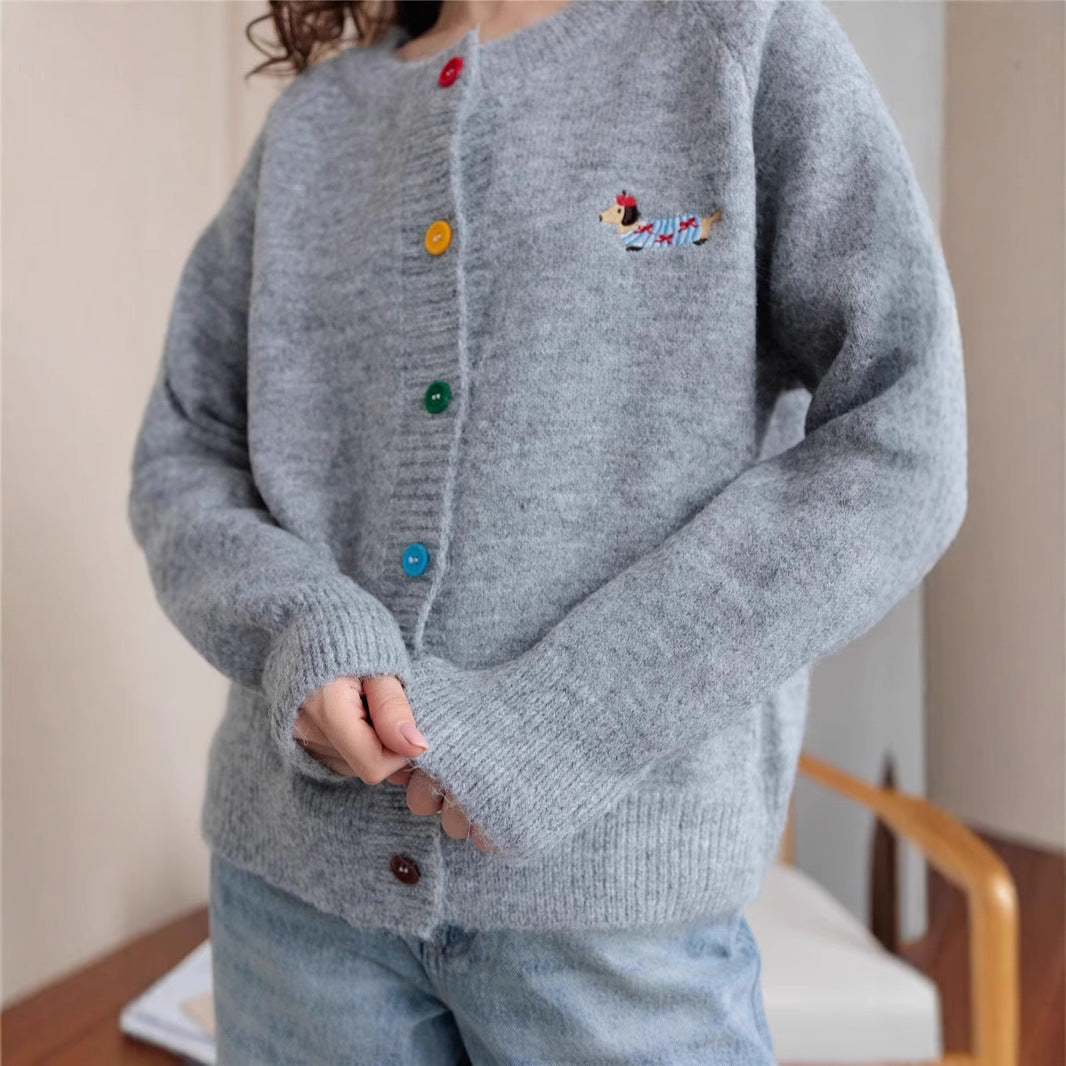 Round Neck Buckle Puppy Embroidered Long Sleeved Sweater Cardigan Women Autumn Korean All Matching Top One Size Gray