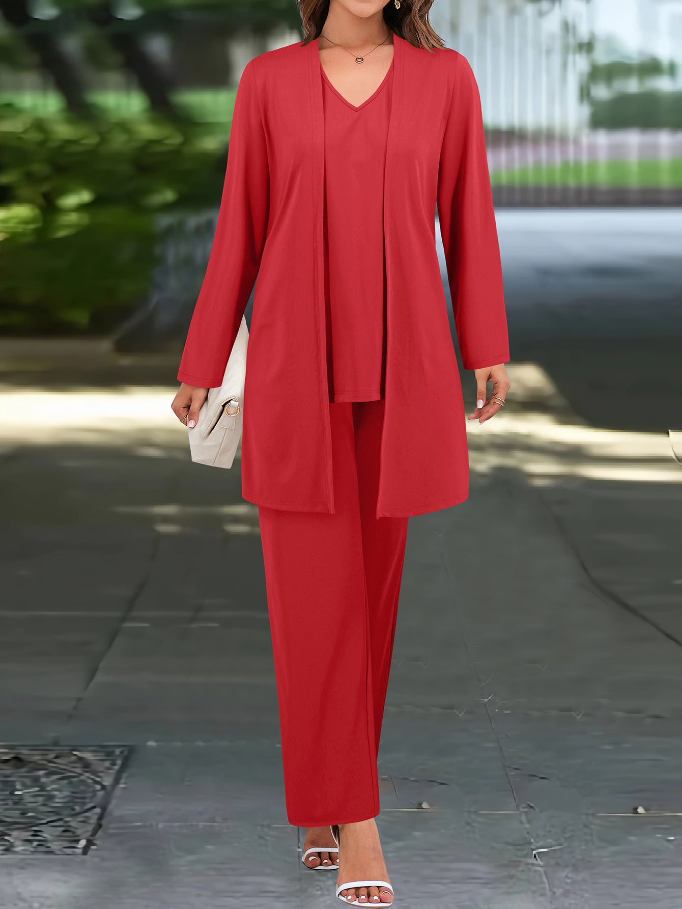 Women Long Sleeve Cardigan V Neck Vest Top Casual Straight Trousers Three Piece Suit Red