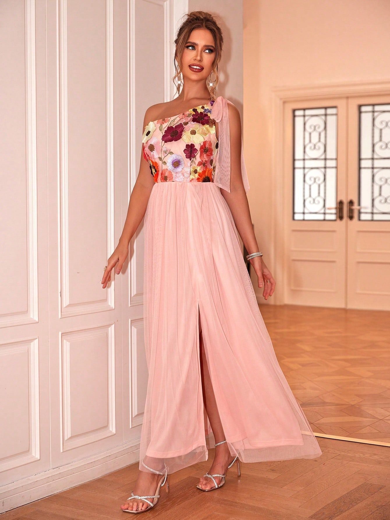 Summer Women Sexy Floral Embroidery One Shoulder Furcal Lower Hem Evening Dress