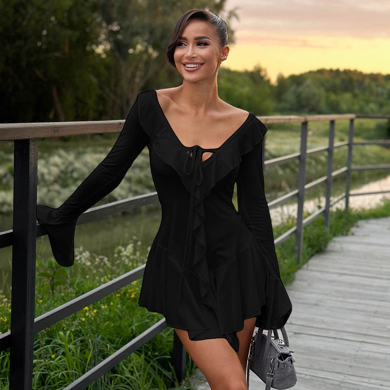 Autumn Winter Sexy Deep V Plunge Tied Slim Fit Short Solid Color Stringy Selvedge Long Sleeve Dress