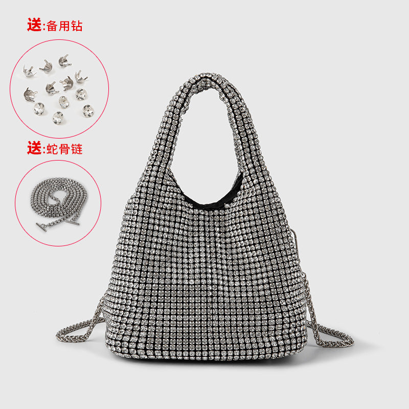 Full Diamond Bag Women Diamond Bucket Bag Rhinestone Chain Portable Messenger Bag One Size Silver