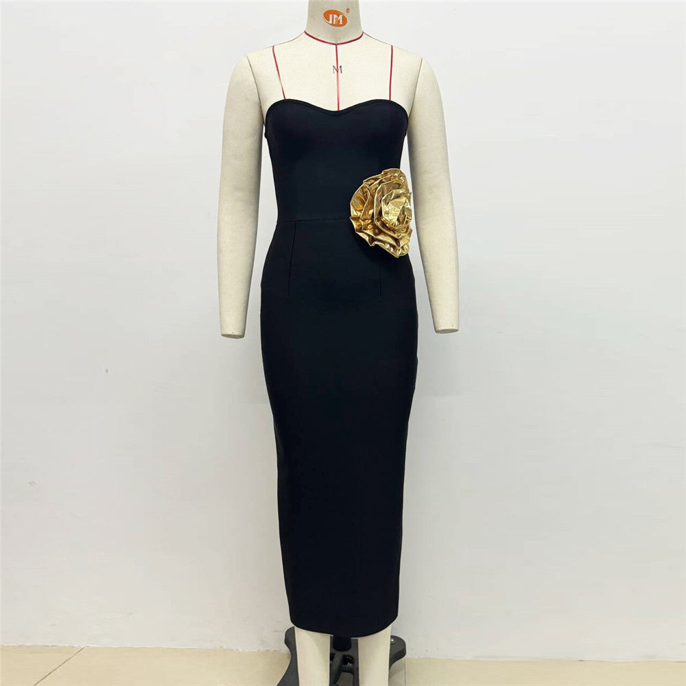 Three Dimensional Gold Floral Tube Top Bandage One Piece Dress Ladies Party Party Dress