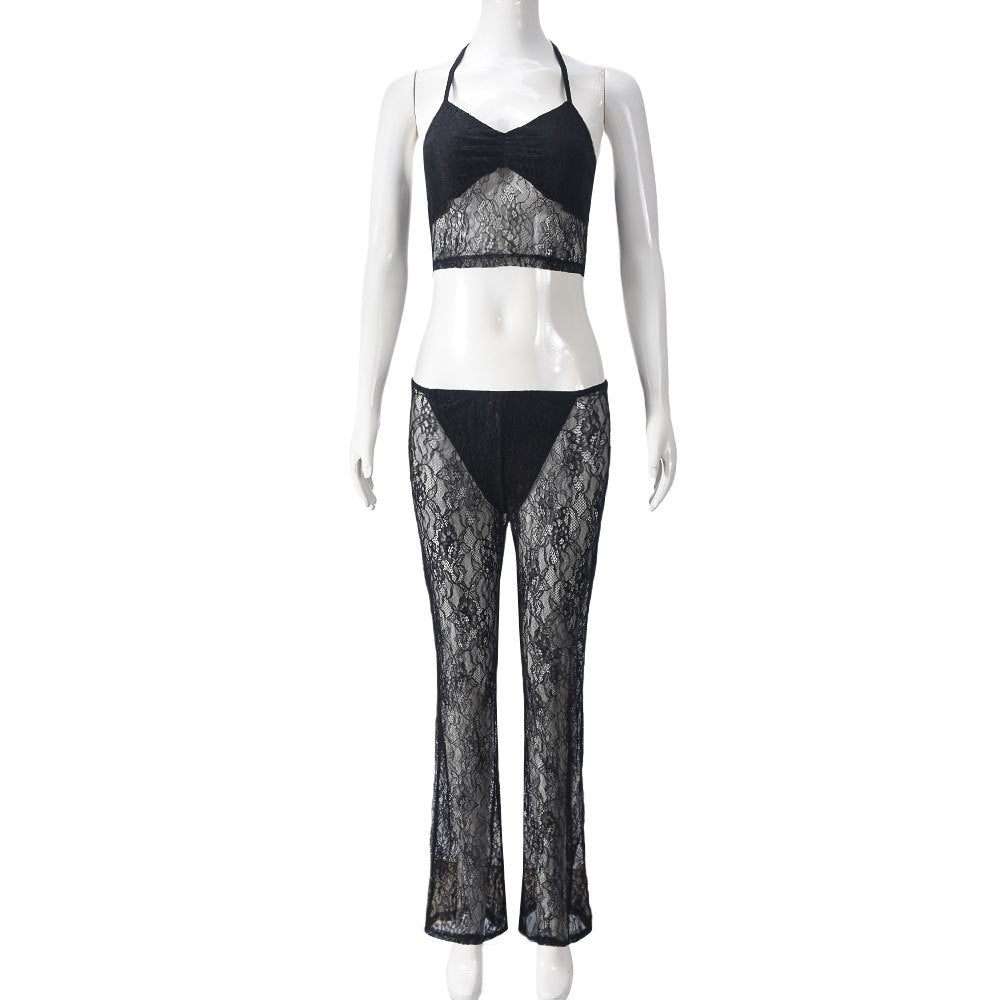 Lace Light See through Lace Vest Low Waist Pants Two Piece Set Sexy Women Clothing Black