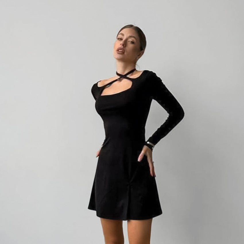 Autumn Winter Black Sexy Slim Fit Slimming Knitted Square Collar Design Lace up Dress Office Split