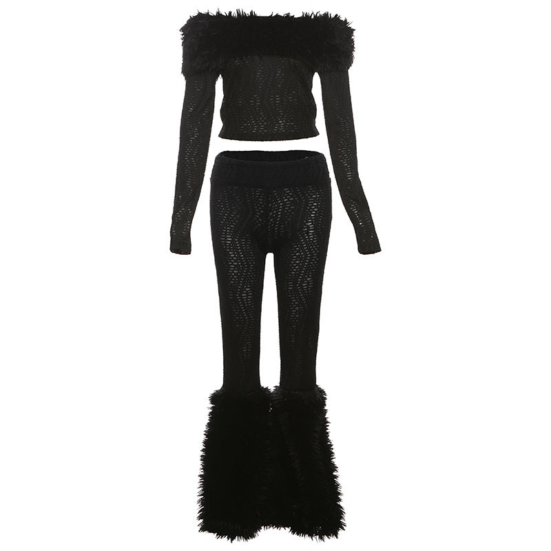 Autumn Winter Women Clothing off Neck Sexy Fur Collar Long Sleeve T shirt High Waist Slim Trousers Suit Women Black Suit