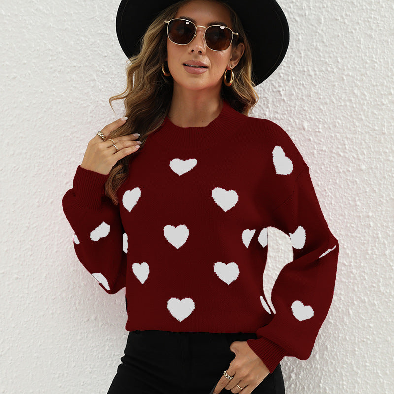 Women Clothing Sweater Autumn Winter Pullover round Neck Long Sleeves Knitwear Love Jacquard Knitted Top for Women Burgundy