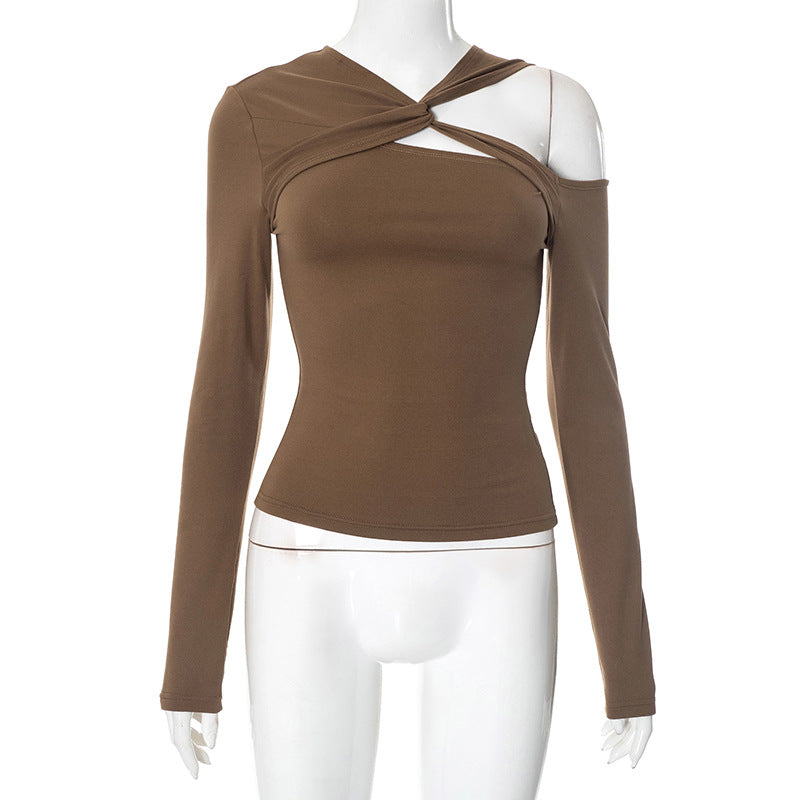 Sexy Irregular Asymmetric Twist V neck Hollow Out Cutout Sexy Slim Long Sleeve Top for Women Brown