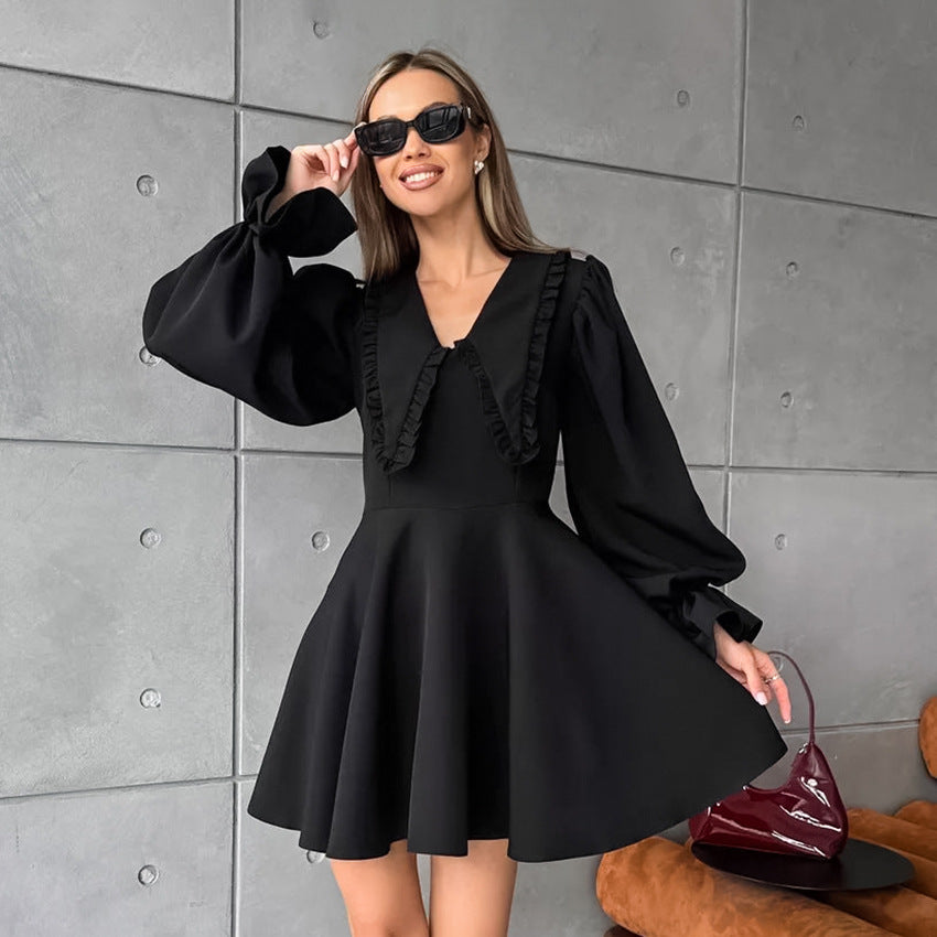 Autumn Winter Black Sexy Design Collared Bell Sleeve French Long Sleeve Dress All Matching Slim Fit Women