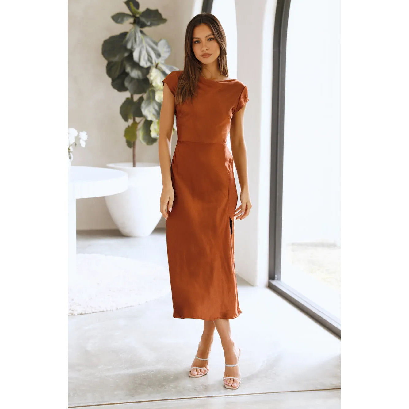 Summer Women Solid Color Swing Collar Back Twist Hollow Out Cutout Short Sleeve Mid Length Dress Light Brown