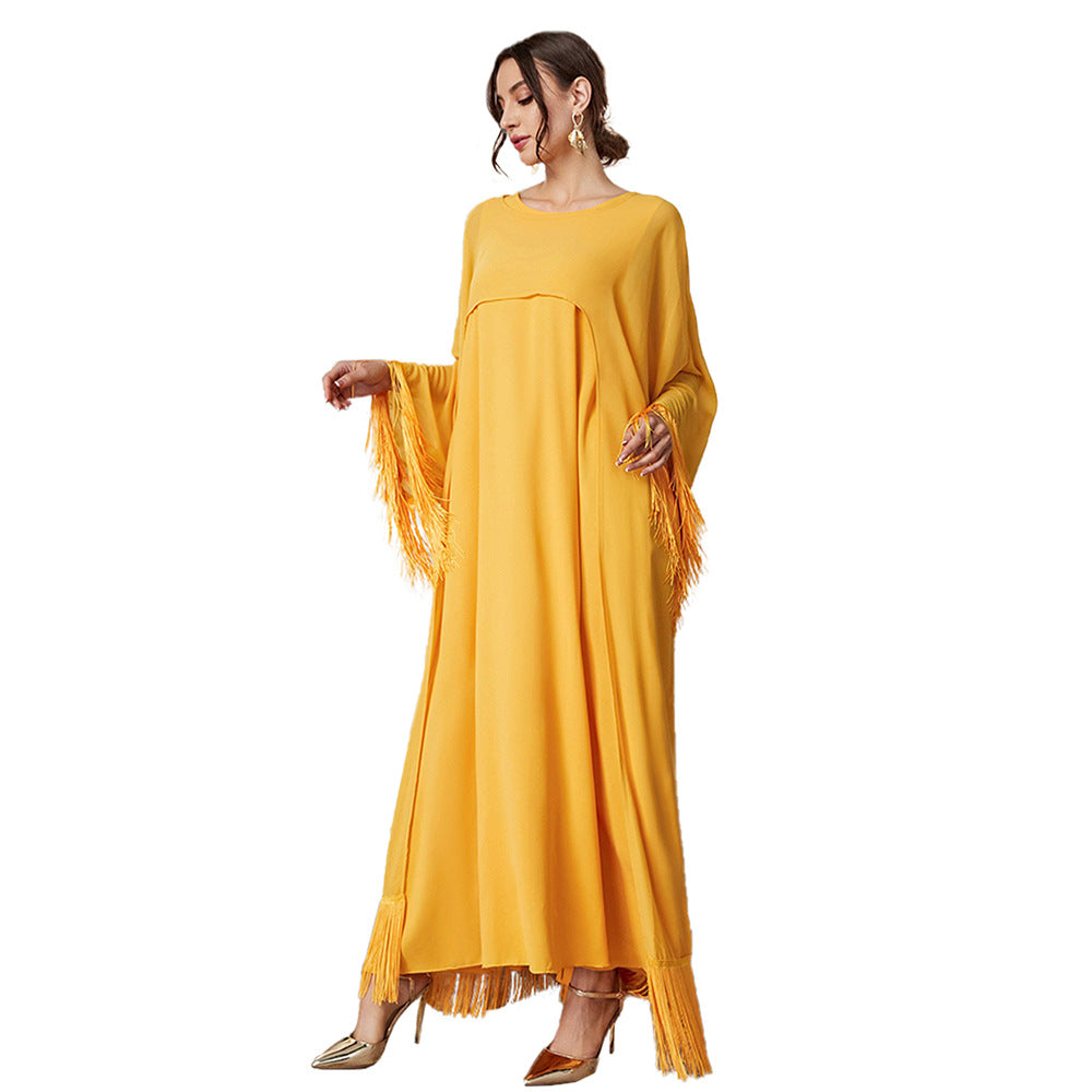 Women Clothing Arrival Tassel Long Blouse Mesh Dress Autumn Solid Color Suit Yellow