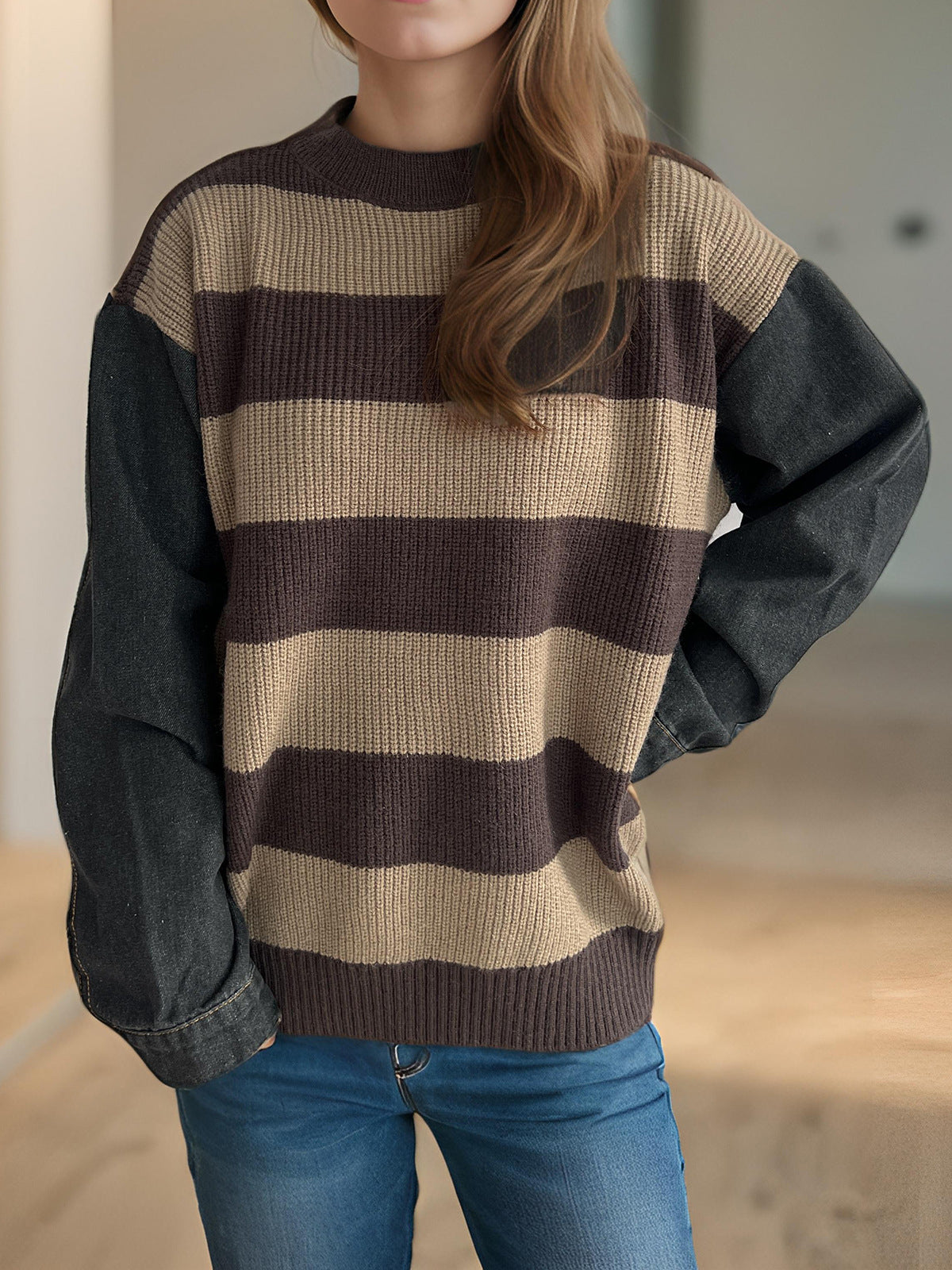 Denim Sleeve Splicing Knitwear Top Autumn Winter Office Striped Contrast Color Sweater Women Khaki