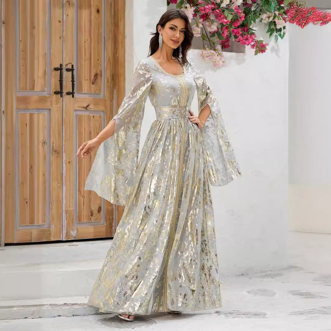 Ladies Cocktail Evening Dress Long Sleeve Bronzing Printed Arabic Waist Dress