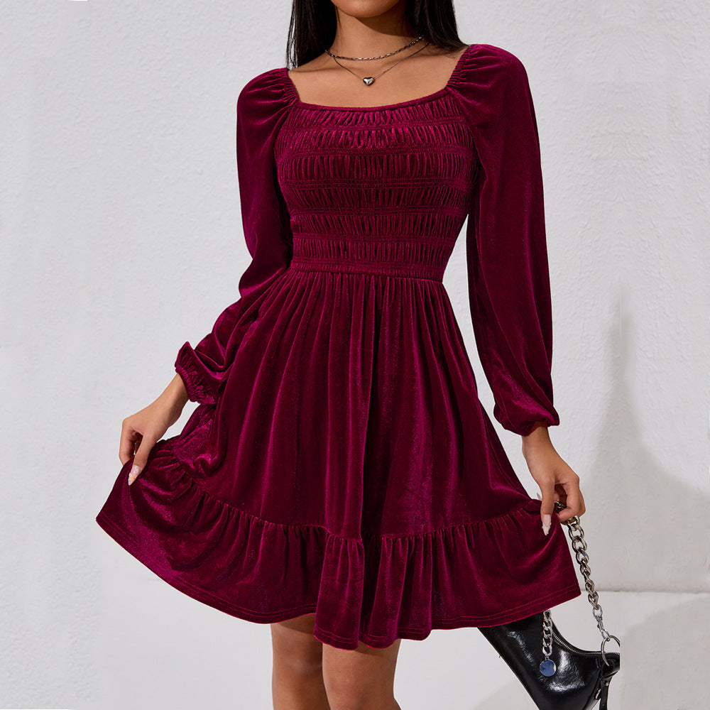 Women Clothing Simple Elegant Dress Autumn Winter High Waist Slim Slimming Wine Red Short