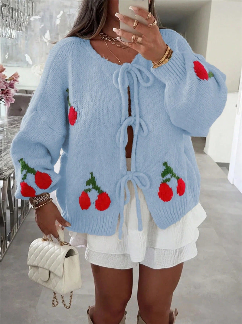 Autumn Winter Knitting Cardigan Loose Casual Sweater Strawberry Cherry Tie Front Top Blue