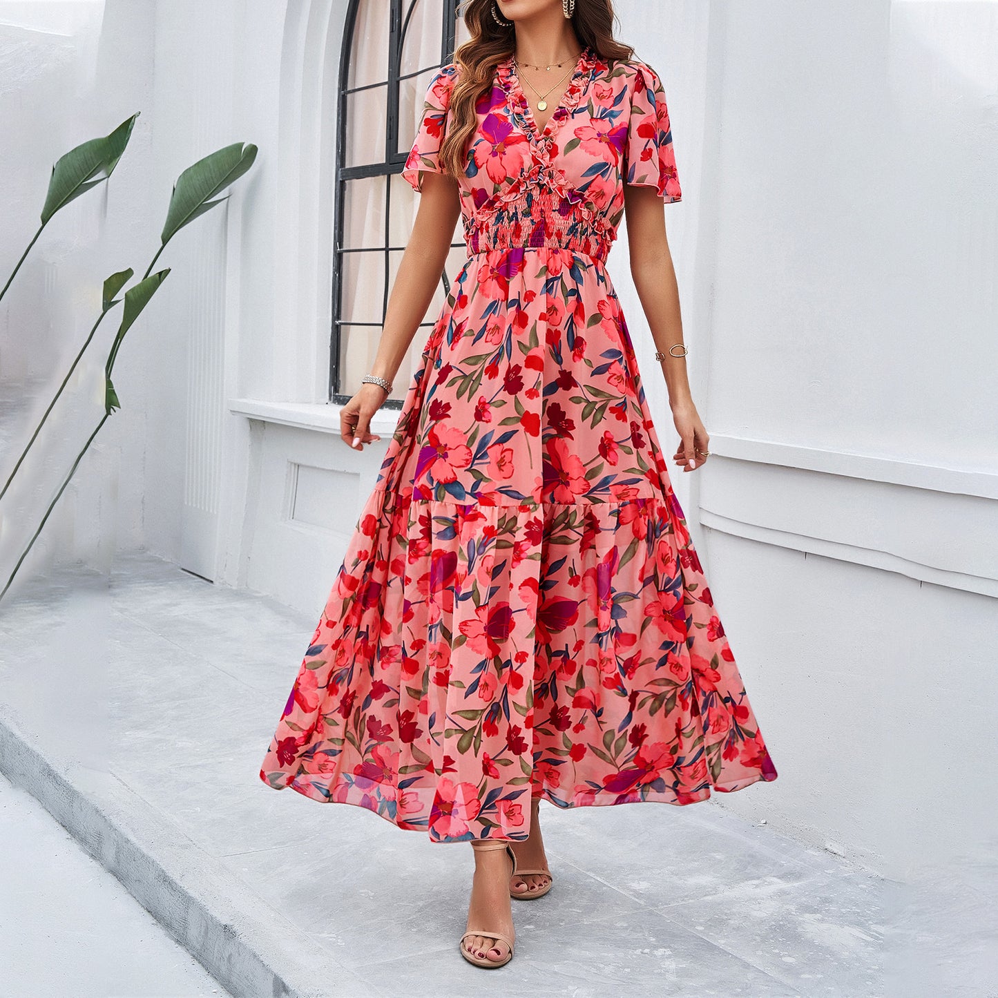 Women Clothing Spring Summer Casual Printed Waist Controlled Dress Pink