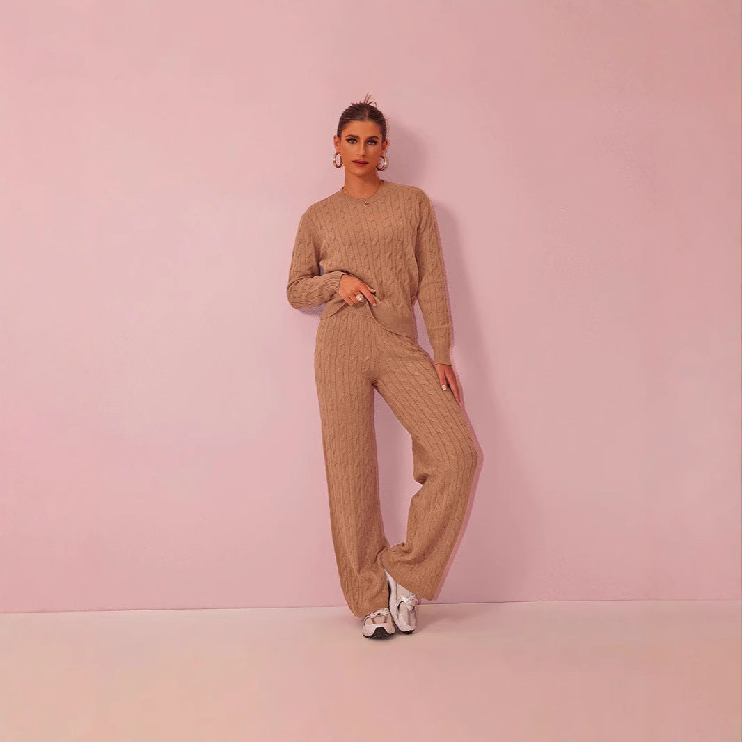 Autumn Winter Women round Neck Cable Knit Sweater Knitwear Wide Leg Pants Drape Two Piece Sets