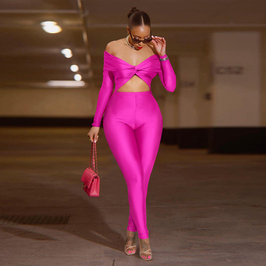 Women Clothing Collared Twist Hollow Out Cutout Cropped Sexy High Waist Long Sleeve Jumpsuit