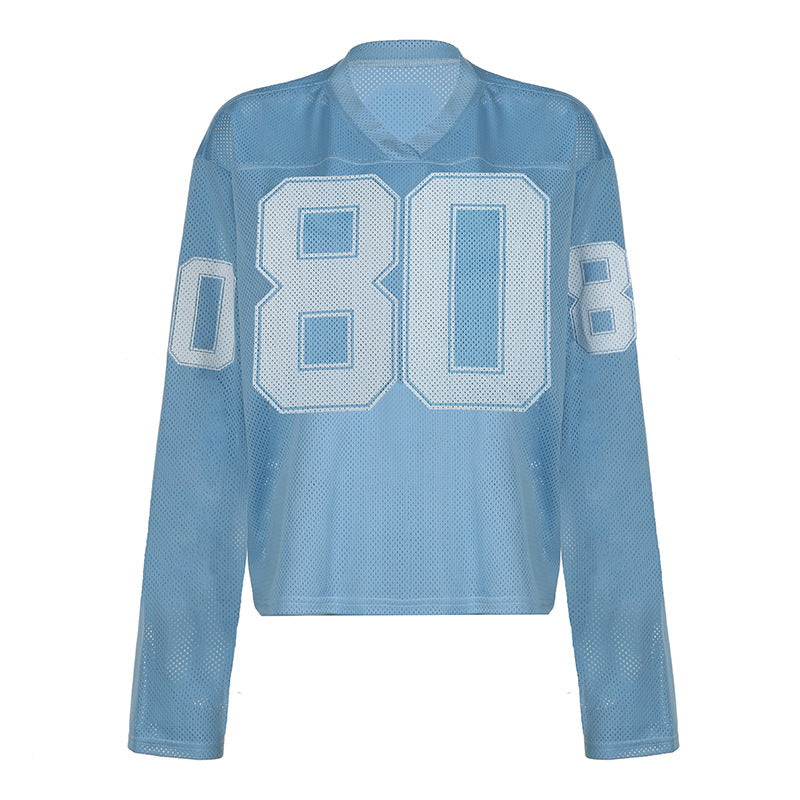 Sports Digital Printing Ball Uniform Loose Long Sleeve Sexy Street V neck All Matching Personalized Quick Drying Top Blue