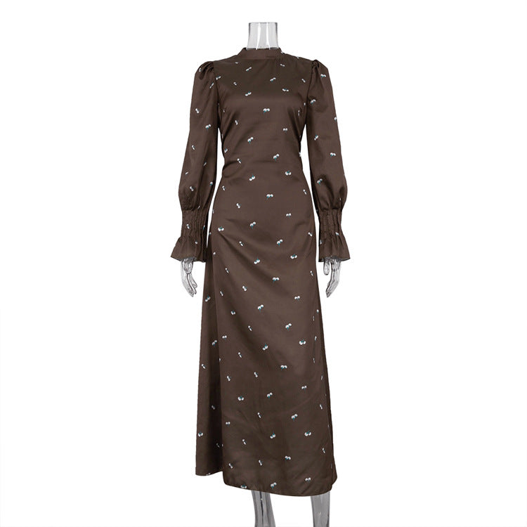 Women Printed round Neck Long Sleeved Dress Autumn Waist Controlled Drape Satin Dress Brown