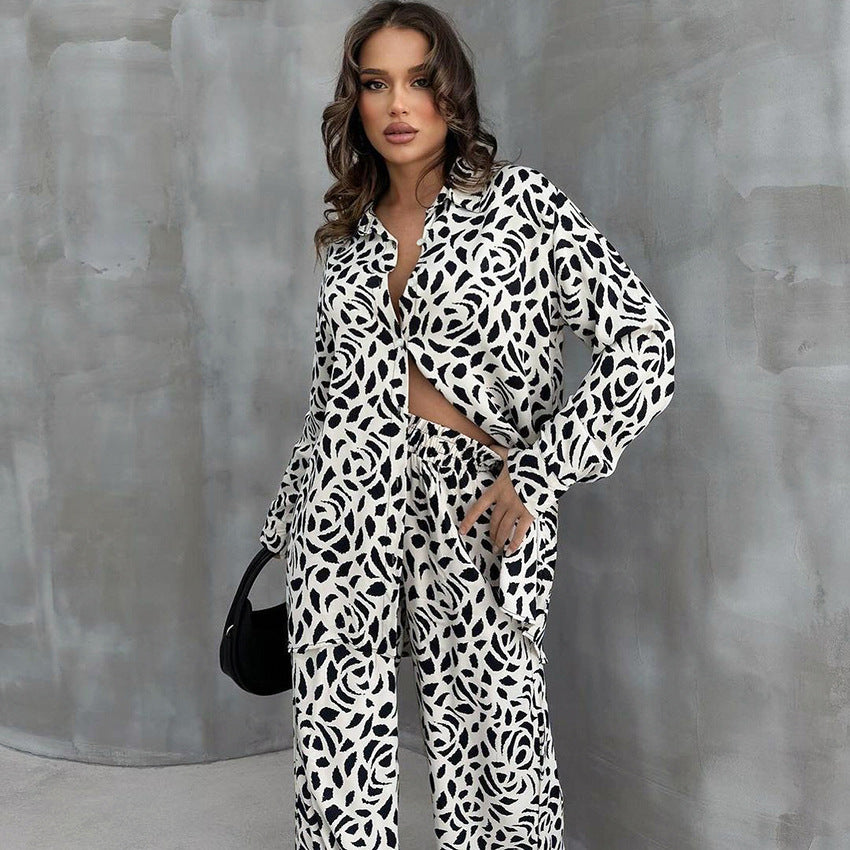 Leopard Print Pajamas Autumn Ice Silk Long Sleeve Cardigan Trousers Two Piece Set Loose Ladies Homewear