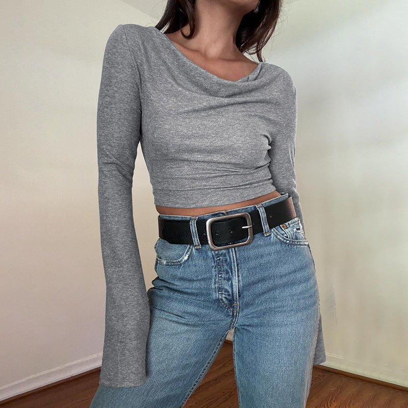 Knitted Pocket with Hat Basic Top Women Autumn Casual Solid Color All Matching Long Sleeve T shirt