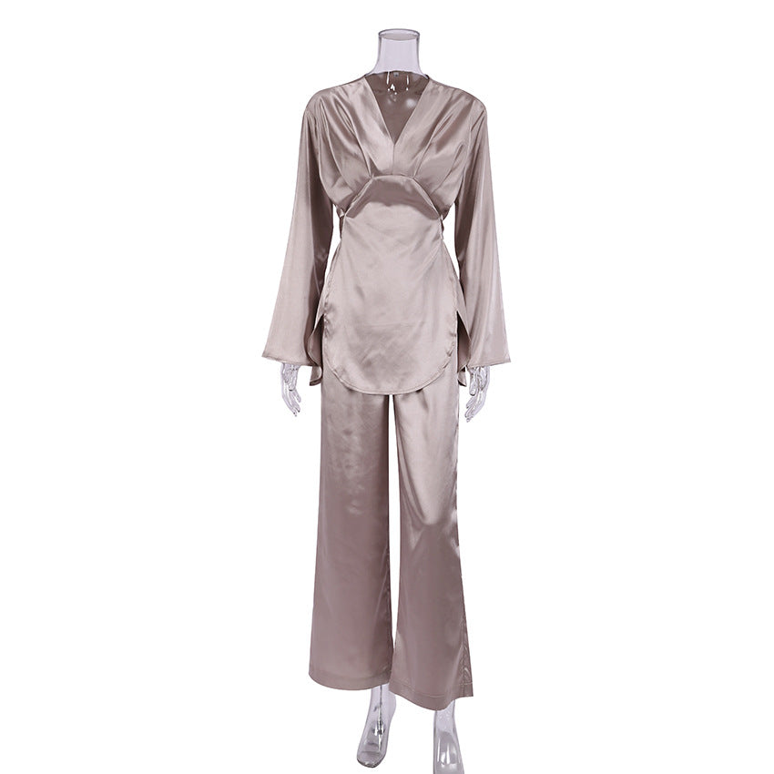 Satin Silk Pajamas Elegant Spring Long Sleeve Solid Color Design Thin Trousers Ice Silk French Home Wear