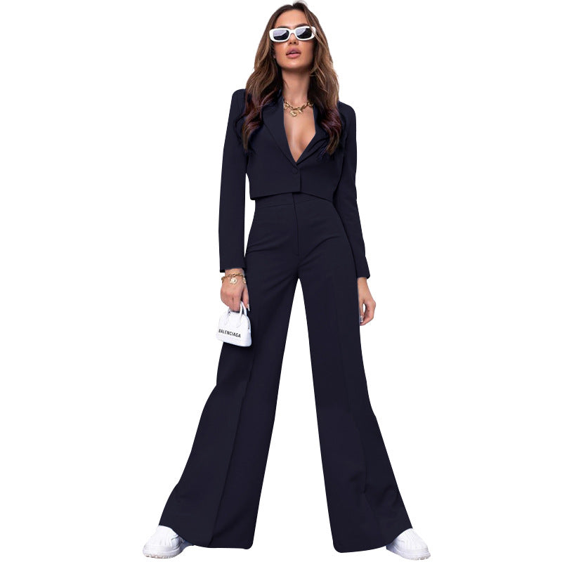 Autumn Winter Solid Color Short Long Sleeve Small Suit High Waist Wide Leg Pants Suit Navy Blue