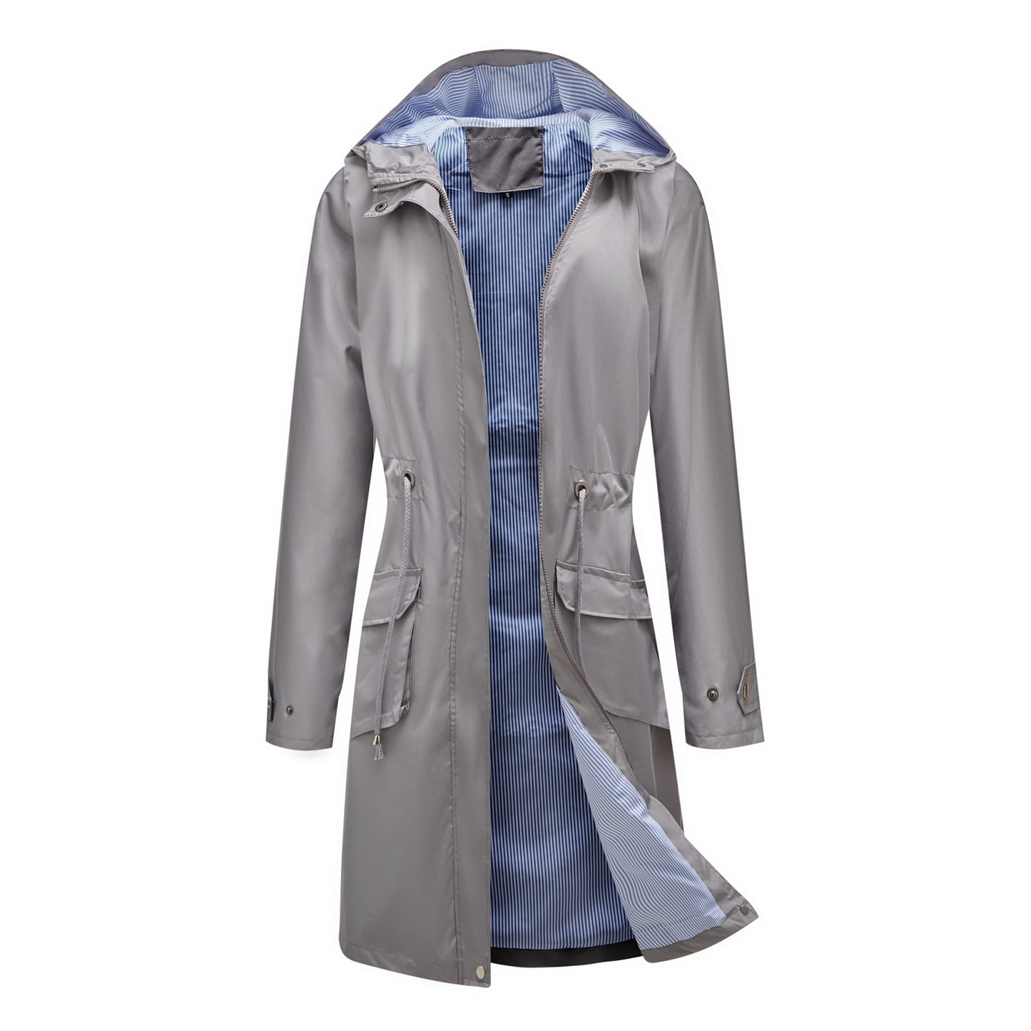 Spring Autumn Long Casual Trench Coat Women Waterproof Hooded Solid Color Top Striped Lining Straight Coat Gray