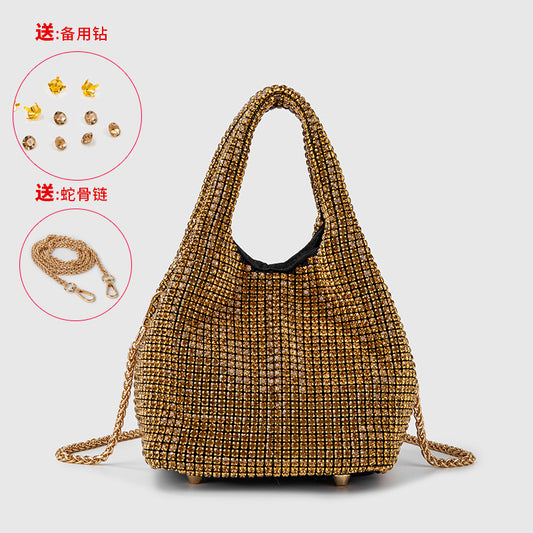 Full Diamond Bag Women Diamond Bucket Bag Rhinestone Chain Portable Messenger Bag One Size Gold