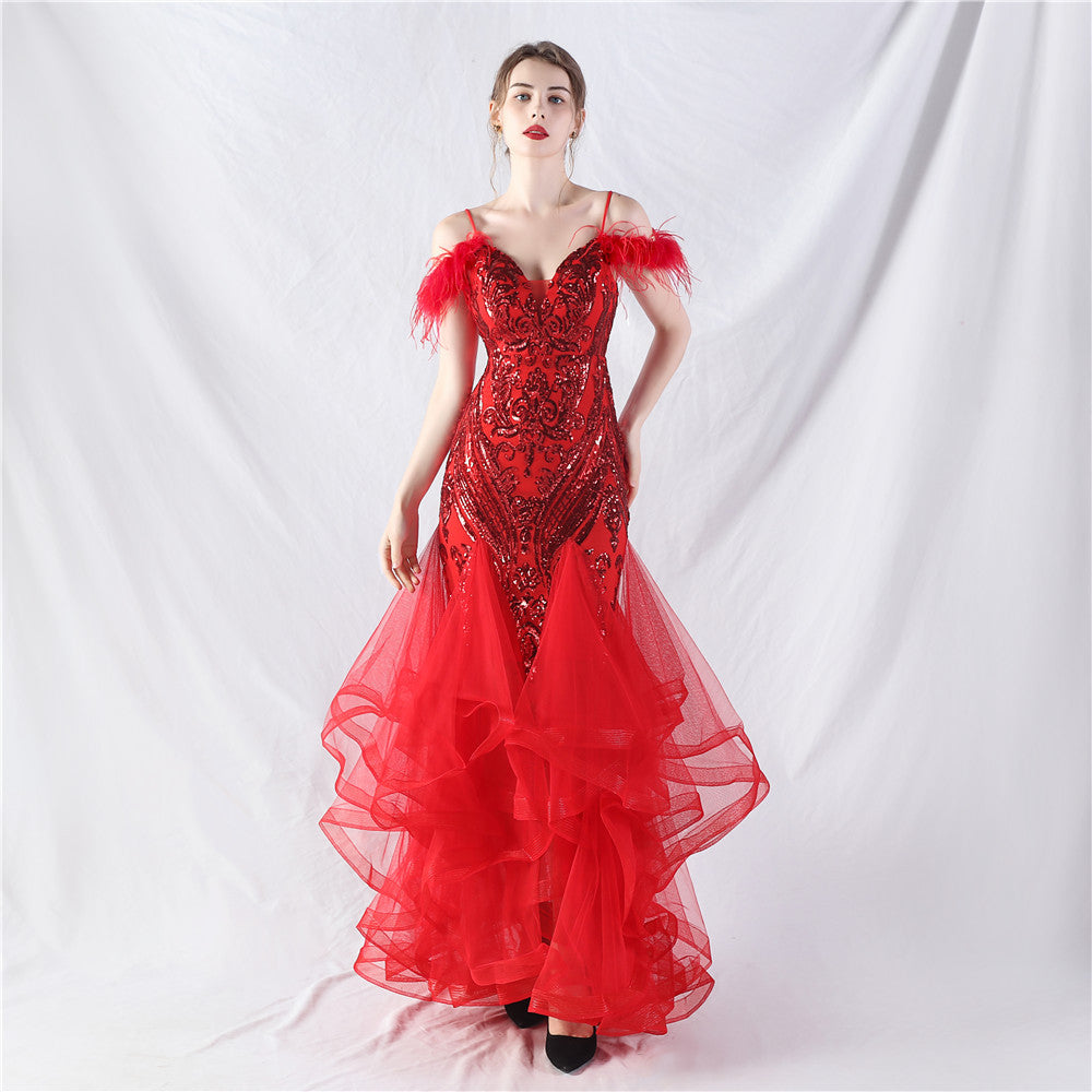 Craft Order Ostrich Feather Hard Mesh Positioning Floral Sequin Stitching Mesh Dance Performance Dress Red