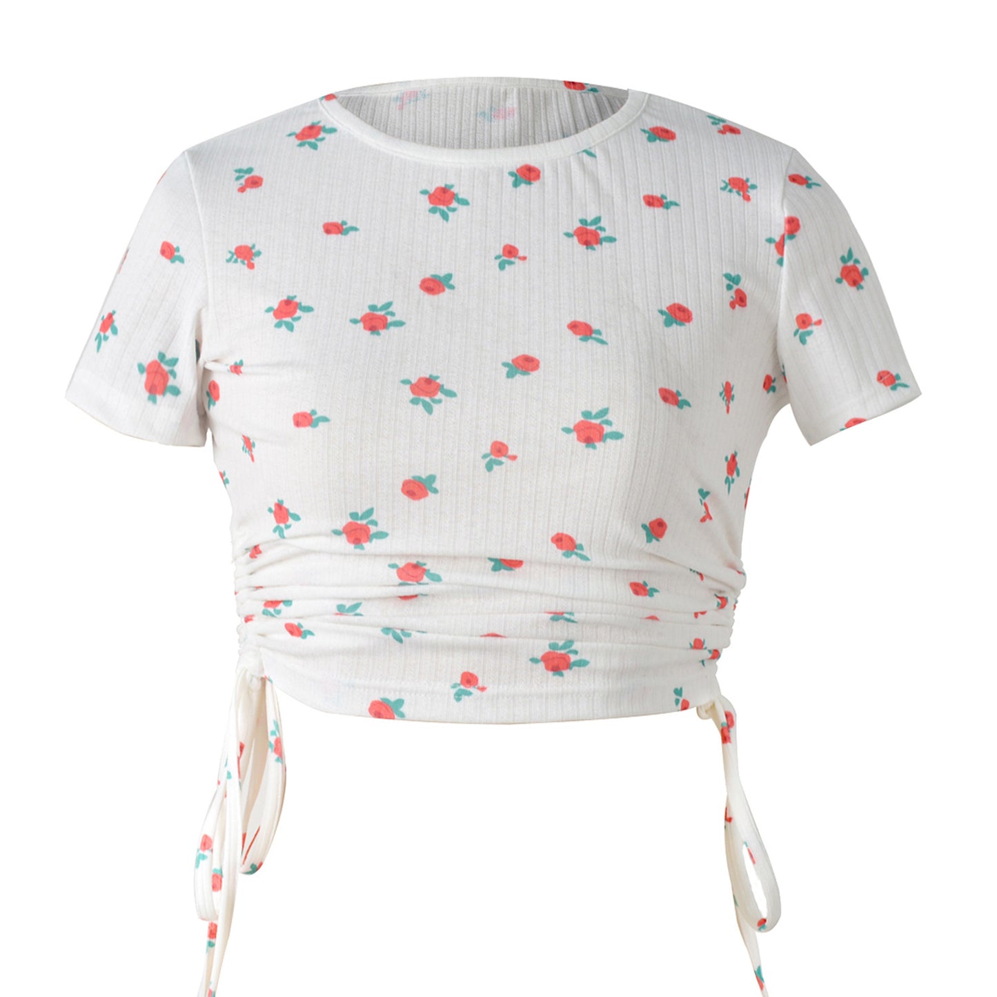 Printed Short-SleevedT-shirt Drawstring cropped round Neck Casual Top White Background Red Floral