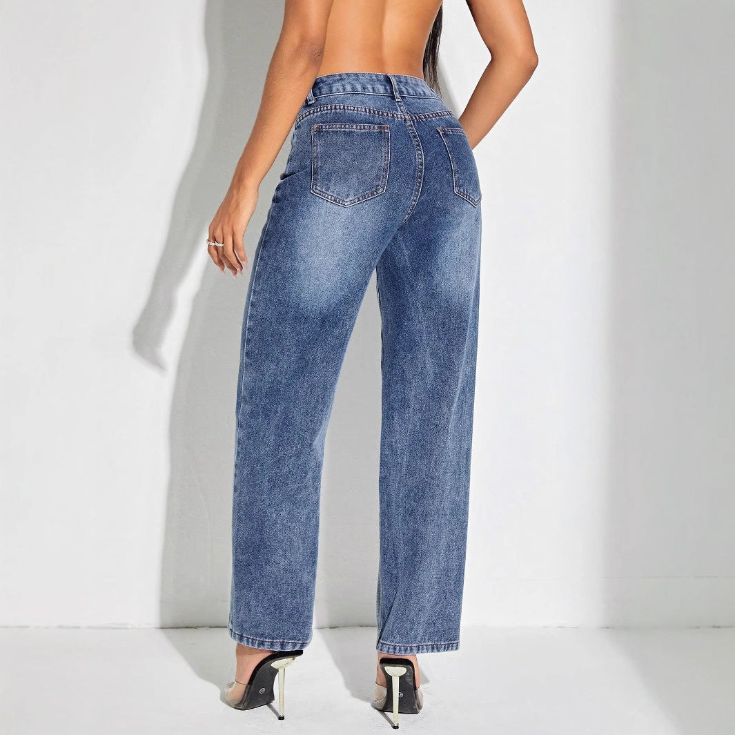 Women Clothing Wide Leg Stitching Jeans Trousers