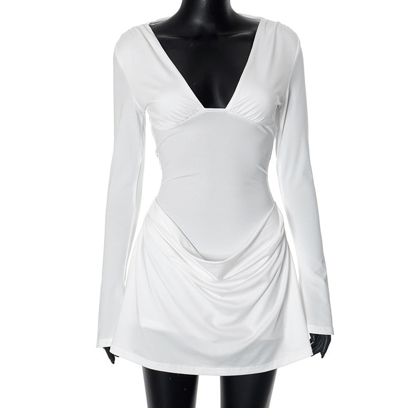 Women Clothing Fall V neck Slim Fit Long Sleeve Backless Sexy Dress White