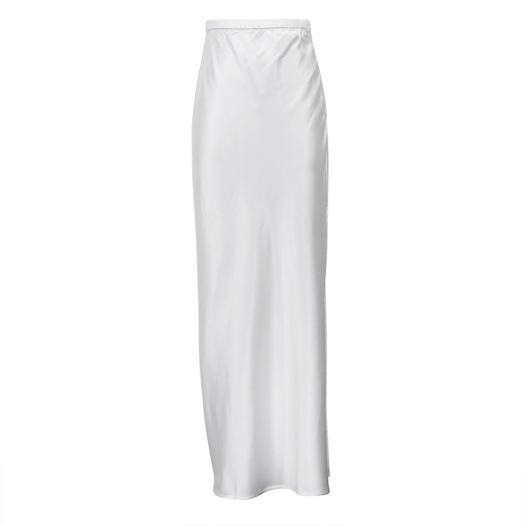 Women Satin Draping Mop Maxi Dress Side Slit High Waist Skirt White