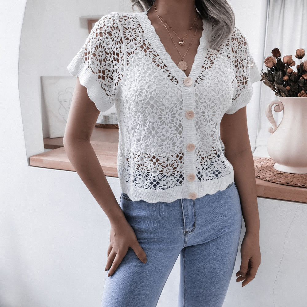 Summer Vacation V neck Crocheted Hollow Out Cutout Lace Shirt Top Women Clothing