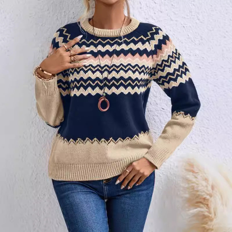 Women Clothing Sweater round Neck Knitted Top Classic Striped Color Block Knitwear