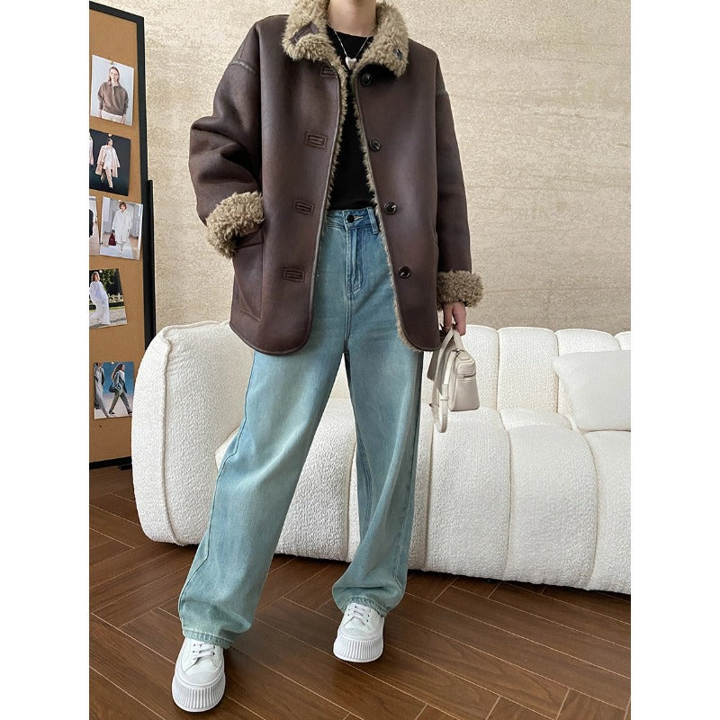 Double Sided Wear Thickened Imitation Lamb Wool Stitching Faux Leather Stand Collar Motorcycle Jacket Brown